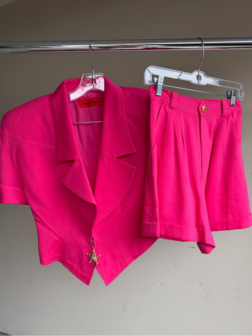 Vintage 80’s Women’s Hot Pink Two-Piece Short Set with Star Buttons